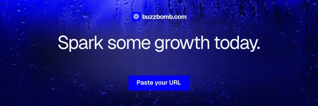 X header for BuzzBomb: "Spark some growth today." Swiss style, centred layout, dark palette in blue.