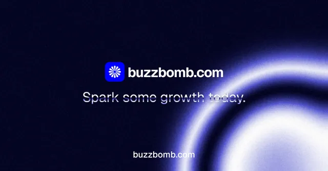 Social ad for BuzzBomb: "Spark some growth today." Agentic glass style, end card layout, dark palette in black, blue.
