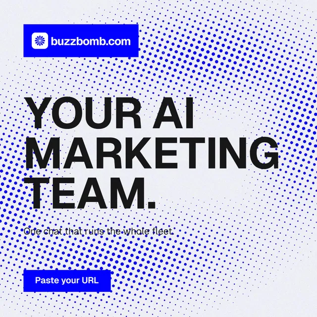 Instagram post for BuzzBomb: "Your AI marketing team." Swiss style, announce layout, light palette in blue, white.