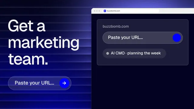 Landscape graphic for BuzzBomb: "Get a marketing team." Agentic glass style, browser layout, dark palette in black, blue.