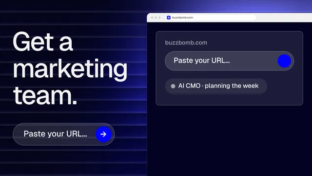 Landscape graphic for BuzzBomb: "Get a marketing team." Agentic glass style, browser layout, dark palette in blue, black, grey.