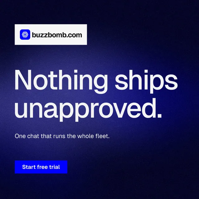 Instagram post for BuzzBomb: "Nothing ships unapproved." Swiss style, announce layout, dark palette in blue, black.