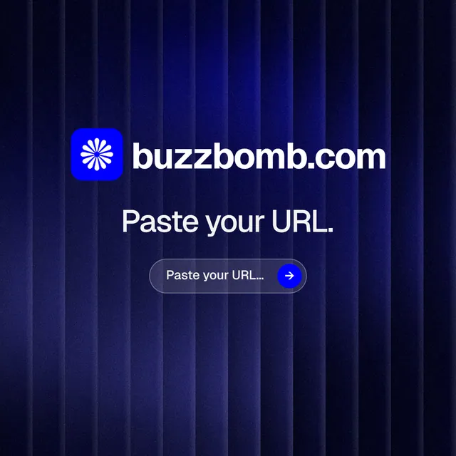 Instagram post for BuzzBomb: "Paste your URL." Agentic glass style, logo hero layout, dark palette in black, blue.