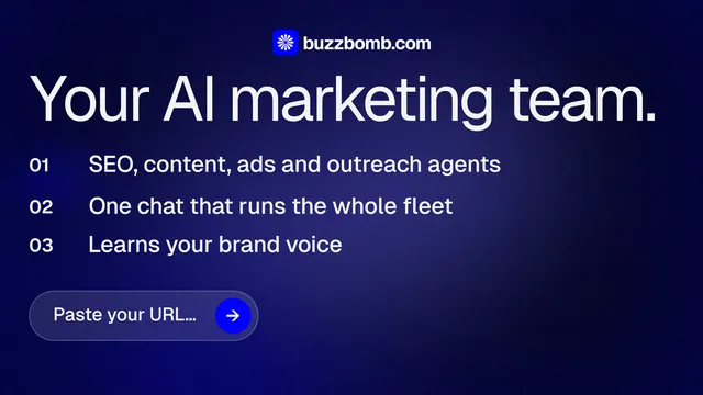 Landscape graphic for BuzzBomb: "Your AI marketing team." Agentic glass style, numbered layout, dark palette in black, blue, grey.