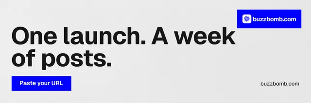 X header for BuzzBomb: "One launch. A week of posts." Swiss style, poster layout, light palette in white, blue.