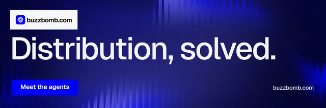 X header for BuzzBomb: "Distribution, solved." Swiss style, poster layout, dark palette in blue, grey.