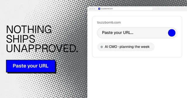 Social ad for BuzzBomb: "Nothing ships unapproved." Brutalist style, browser layout, light palette in white, grey.