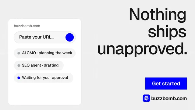 Landscape graphic for BuzzBomb: "Nothing ships unapproved." Swiss style, right layout, light palette in white, blue.