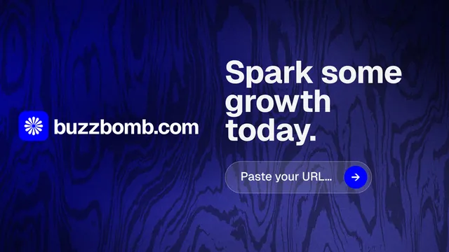 Landscape graphic for BuzzBomb: "Spark some growth today." Agentic glass style, logo hero layout, dark palette in blue.