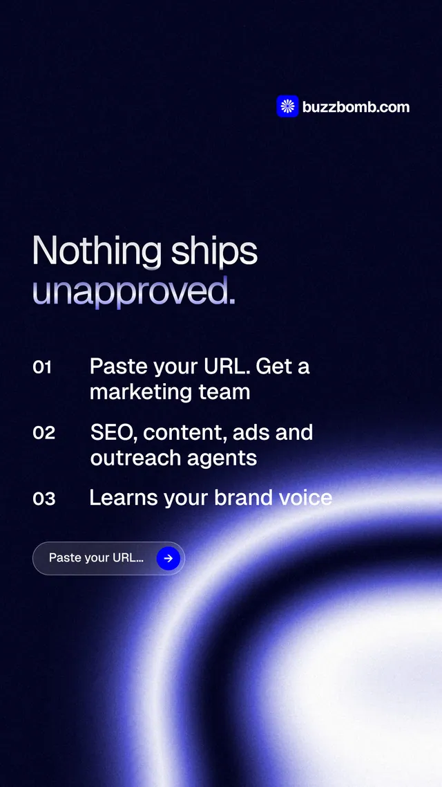 Instagram story for BuzzBomb: "Nothing ships unapproved." Agentic glass style, numbered layout, dark palette in black, blue.