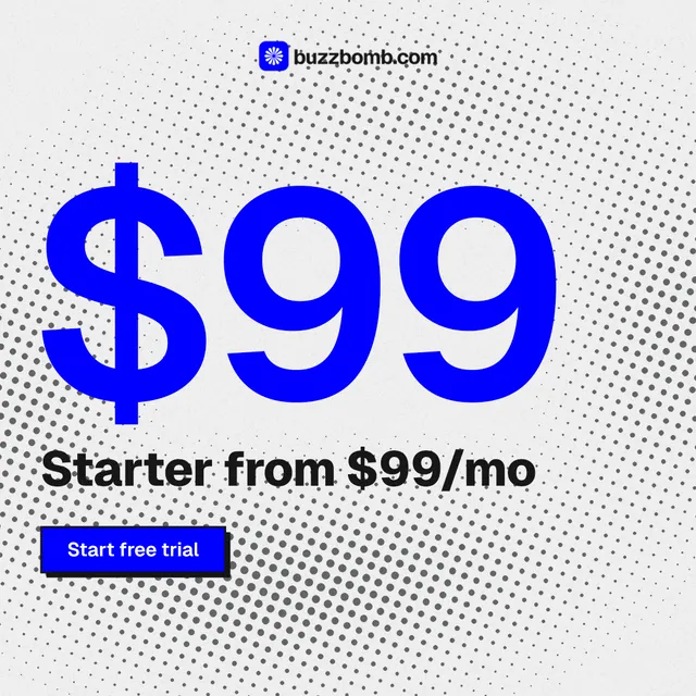 Instagram post for BuzzBomb: "Get a marketing team." Brutalist style, stat layout, light palette in white, blue.