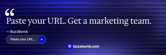 X header for BuzzBomb: "Spark some growth today." Agentic glass style, quote layout, dark palette in blue.