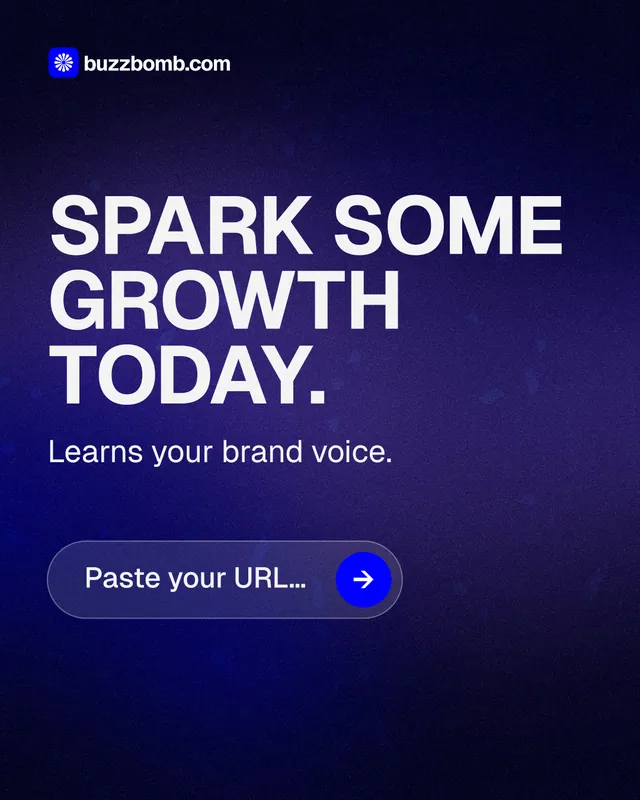 Instagram portrait post for BuzzBomb: "Spark some growth today." Agentic glass style, skeleton layout, dark palette in black, blue, grey.