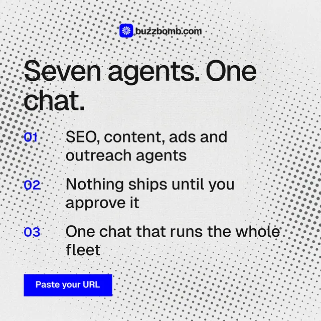 Instagram post for BuzzBomb: "Seven agents. One chat." Swiss style, numbered layout, light palette in white, grey.