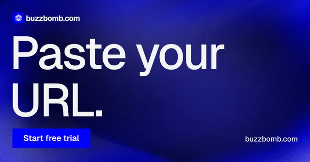 Social ad for BuzzBomb: "Paste your URL." Swiss style, poster layout, dark palette in blue.