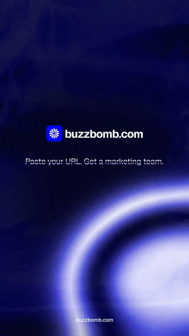 Instagram story for BuzzBomb: "Distribution, solved." Agentic glass style, end card layout, dark palette in blue, black.
