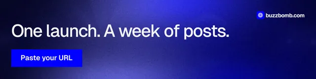 LinkedIn banner for BuzzBomb: "One launch. A week of posts." Swiss style, skeleton layout, dark palette in blue.