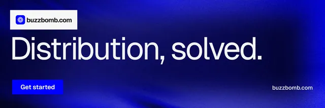 X header for BuzzBomb: "Distribution, solved." Swiss style, poster layout, dark palette in blue.