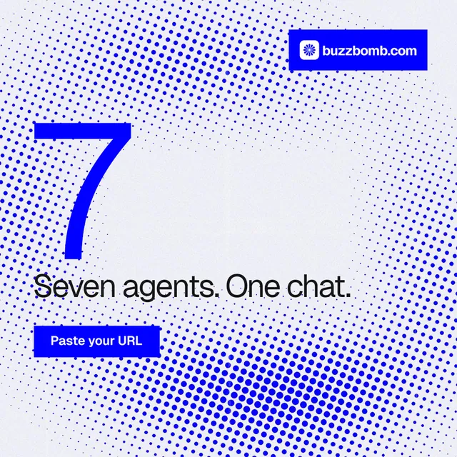 Instagram post for BuzzBomb: "Your AI marketing team." Swiss style, stat layout, light palette in blue, white.