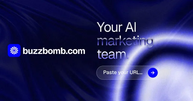 Social ad for BuzzBomb: "Your AI marketing team." Agentic glass style, logo hero layout, dark palette in blue, black.