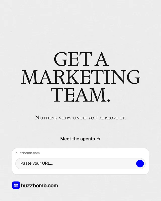 Instagram portrait post for BuzzBomb: "Get a marketing team." Swiss style, smallcaps layout, light palette in white, grey.