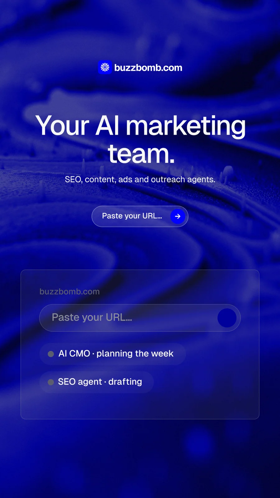 Instagram story for BuzzBomb: "Your AI marketing team." Agentic glass style, centred layout, dark palette in blue.