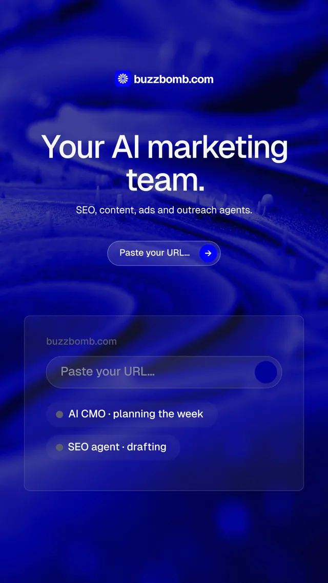 Instagram story for BuzzBomb: "Your AI marketing team." Agentic glass style, centred layout, dark palette in blue.