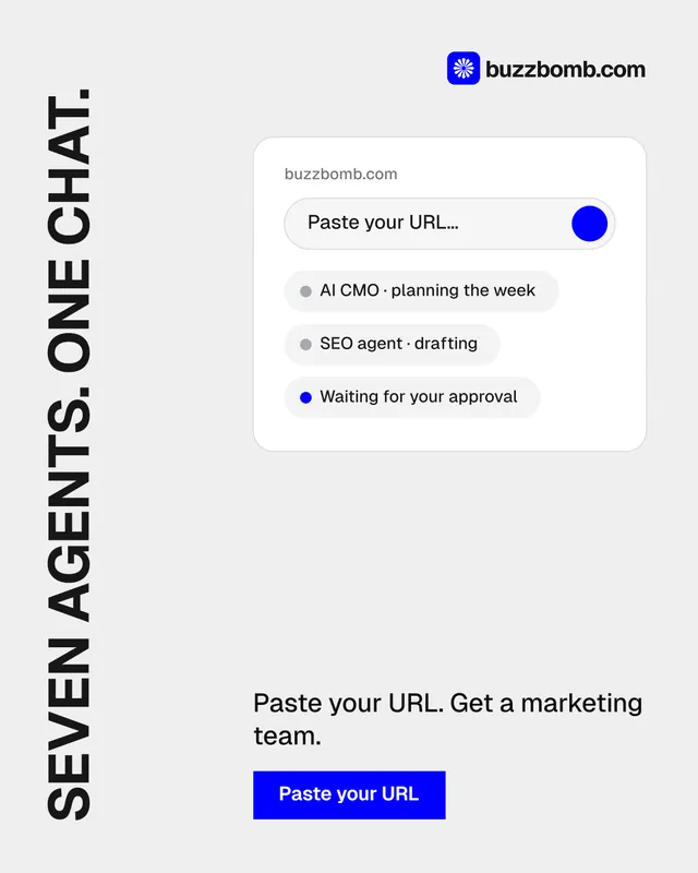 Instagram portrait post for BuzzBomb: "Seven agents. One chat." Swiss style, vertical layout, light palette in white, blue.