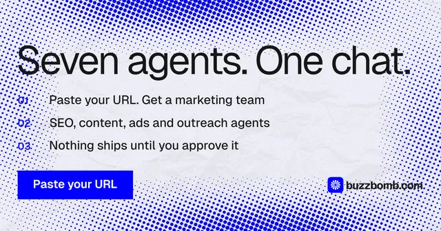 Social ad for BuzzBomb: "Seven agents. One chat." Swiss style, numbered layout, light palette in blue, white.