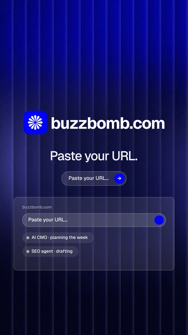 Instagram story for BuzzBomb: "Paste your URL." Agentic glass style, logo hero layout, dark palette in blue, black.