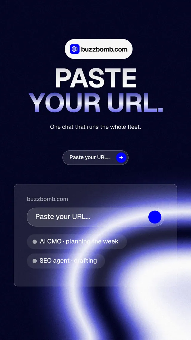 Instagram story for BuzzBomb: "Paste your URL." Agentic glass style, centred layout, dark palette in black, blue.
