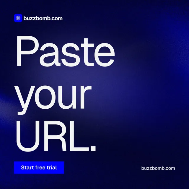 Instagram post for BuzzBomb: "Paste your URL." Swiss style, poster layout, dark palette in black, blue, grey.