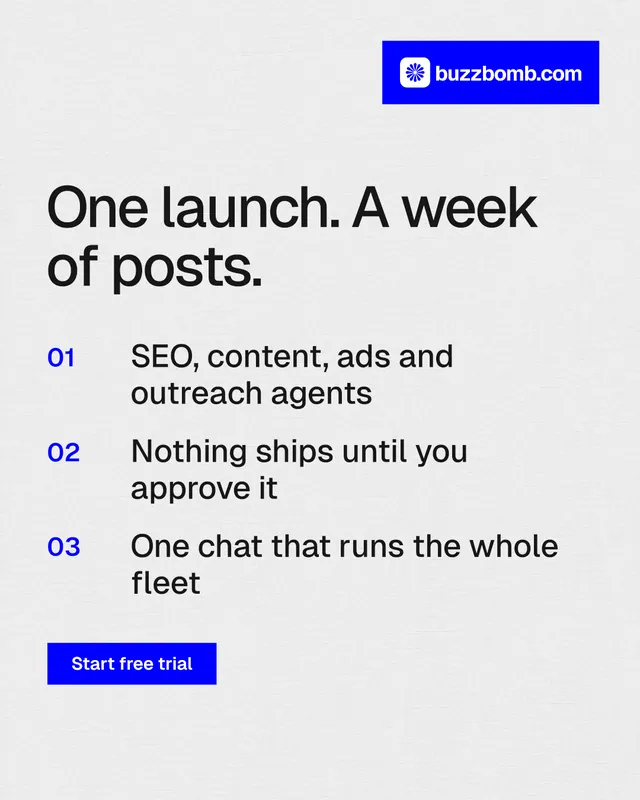 Instagram portrait post for BuzzBomb: "One launch. A week of posts." Swiss style, numbered layout, light palette in white, blue.