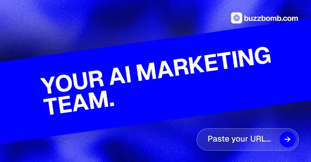 Social ad for BuzzBomb: "Your AI marketing team." Agentic glass style, diagonal layout, dark palette in blue.
