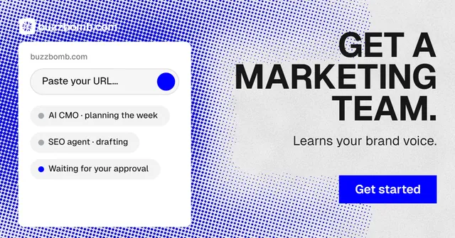 Social ad for BuzzBomb: "Get a marketing team." Swiss style, right layout, light palette in white, blue.