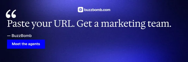 X header for BuzzBomb: "Your AI marketing team." Swiss style, quote layout, dark palette in blue.