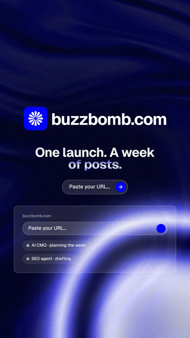 Instagram story for BuzzBomb: "One launch. A week of posts." Agentic glass style, logo hero layout, dark palette in blue, black.