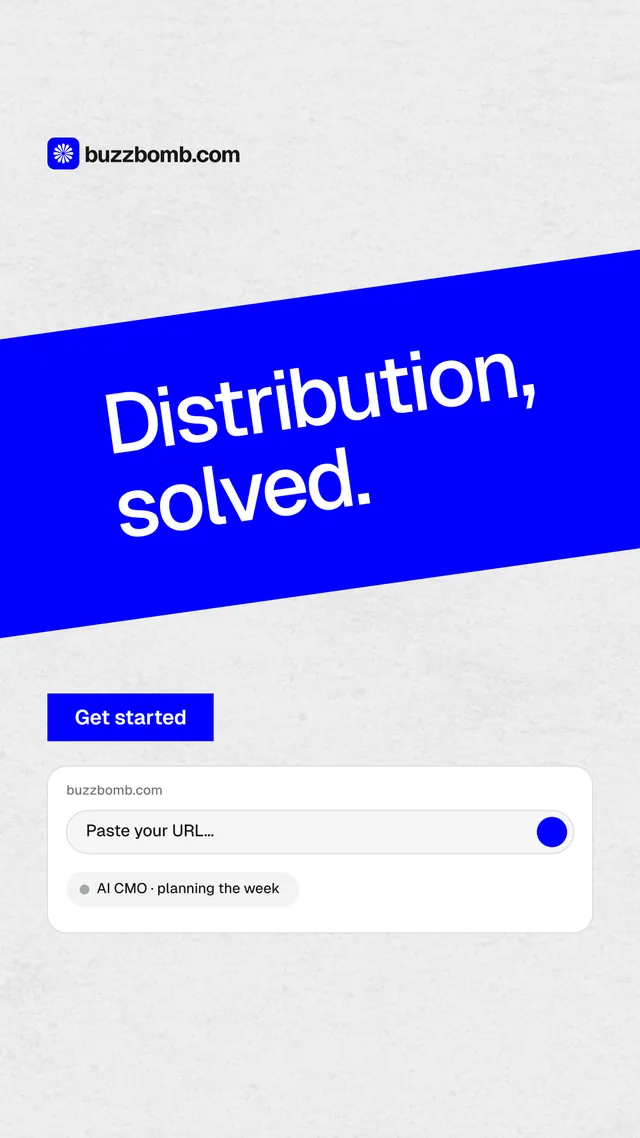 Instagram story for BuzzBomb: "Distribution, solved." Swiss style, diagonal layout, light palette in white, blue.