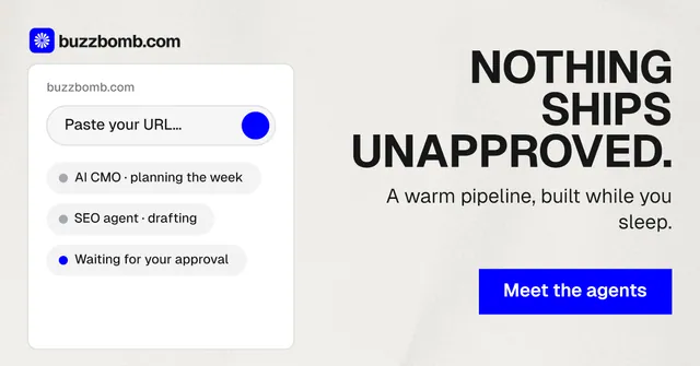 Social ad for BuzzBomb: "Nothing ships unapproved." Swiss style, right layout, light palette in white, blue.