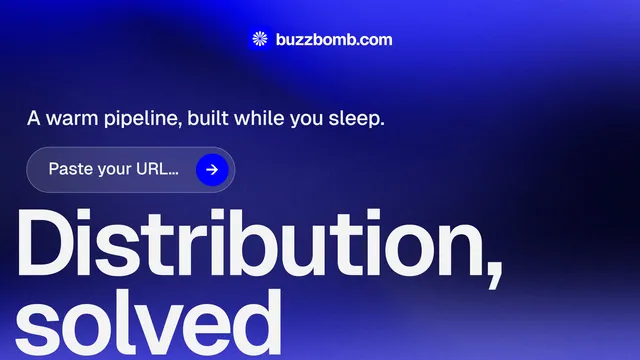 Landscape graphic for BuzzBomb: "Your AI marketing team." Agentic glass style, oversized layout, dark palette in blue.