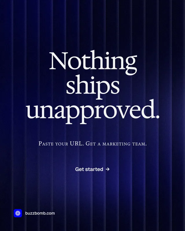 Instagram portrait post for BuzzBomb: "Nothing ships unapproved." Agentic glass style, smallcaps layout, dark palette in black, blue, grey.