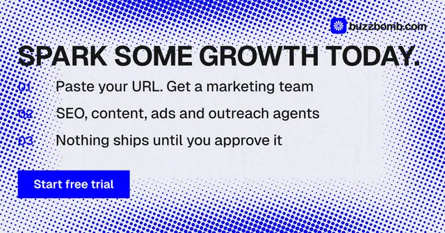 Social ad for BuzzBomb: "Spark some growth today." Swiss style, numbered layout, light palette in blue, white.