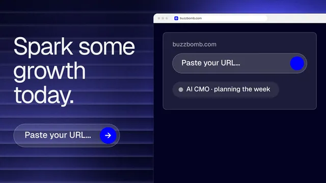 Landscape graphic for BuzzBomb: "Spark some growth today." Agentic glass style, browser layout, dark palette in black, blue, grey.