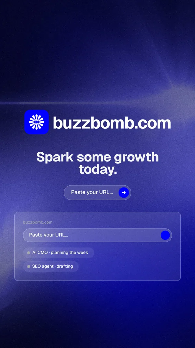 Instagram story for BuzzBomb: "Spark some growth today." Agentic glass style, logo hero layout, dark palette in blue.