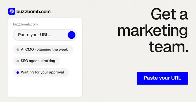 Social ad for BuzzBomb: "Get a marketing team." Swiss style, right layout, light palette in white, blue.