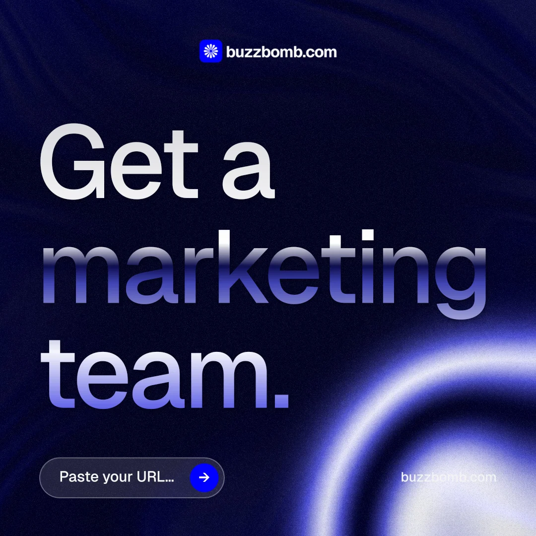 Instagram post for BuzzBomb: "Get a marketing team." Agentic glass style, poster layout, dark palette in black, blue.