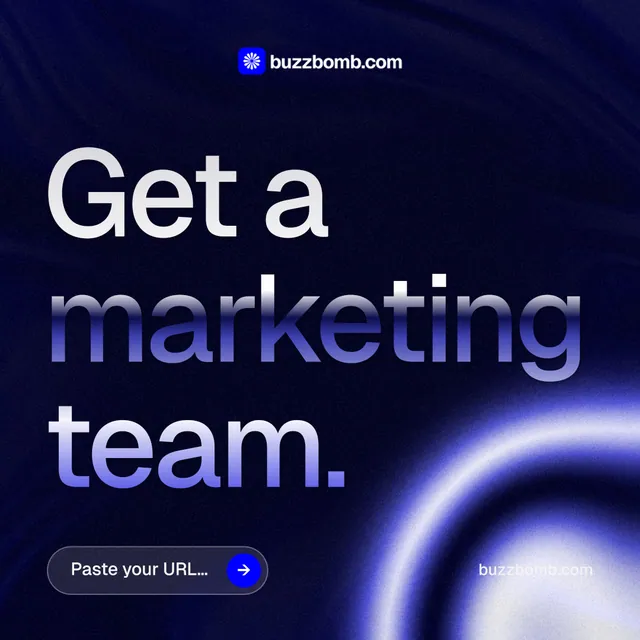 Instagram post for BuzzBomb: "Get a marketing team." Agentic glass style, poster layout, dark palette in black, blue.
