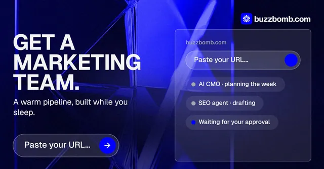 Social ad for BuzzBomb: "Get a marketing team." Agentic glass style, bottom layout, dark palette in black, blue.
