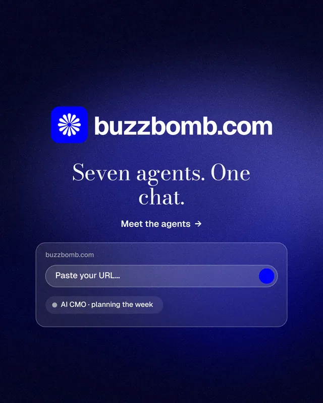 Instagram portrait post for BuzzBomb: "Seven agents. One chat." Minimal luxury style, logo hero layout, dark palette in black, blue.