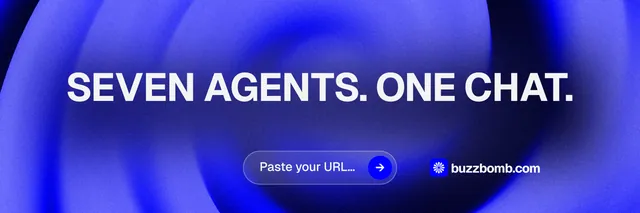 X header for BuzzBomb: "Seven agents. One chat." Agentic glass style, centred layout, dark palette in blue.